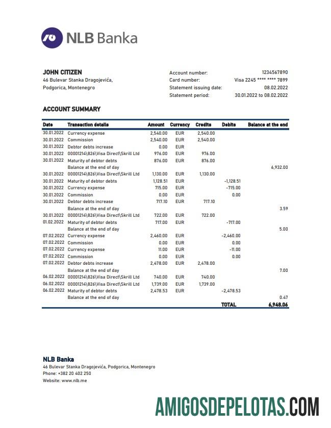 Montenegro NLB Bank Statement Xls amostra